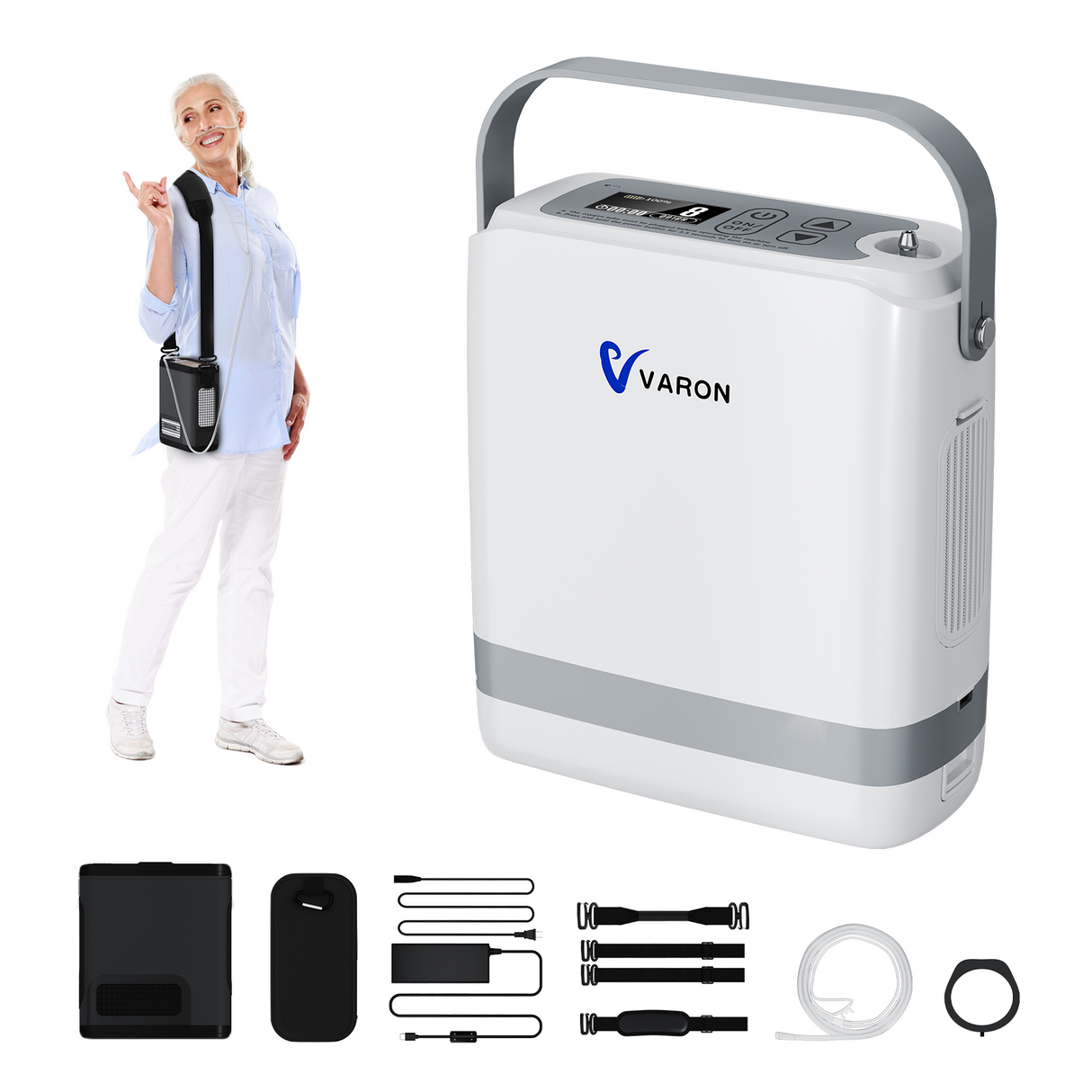 Mujer mayor usando el concentrador de oxígeno portátil VP-8G con su kit completo