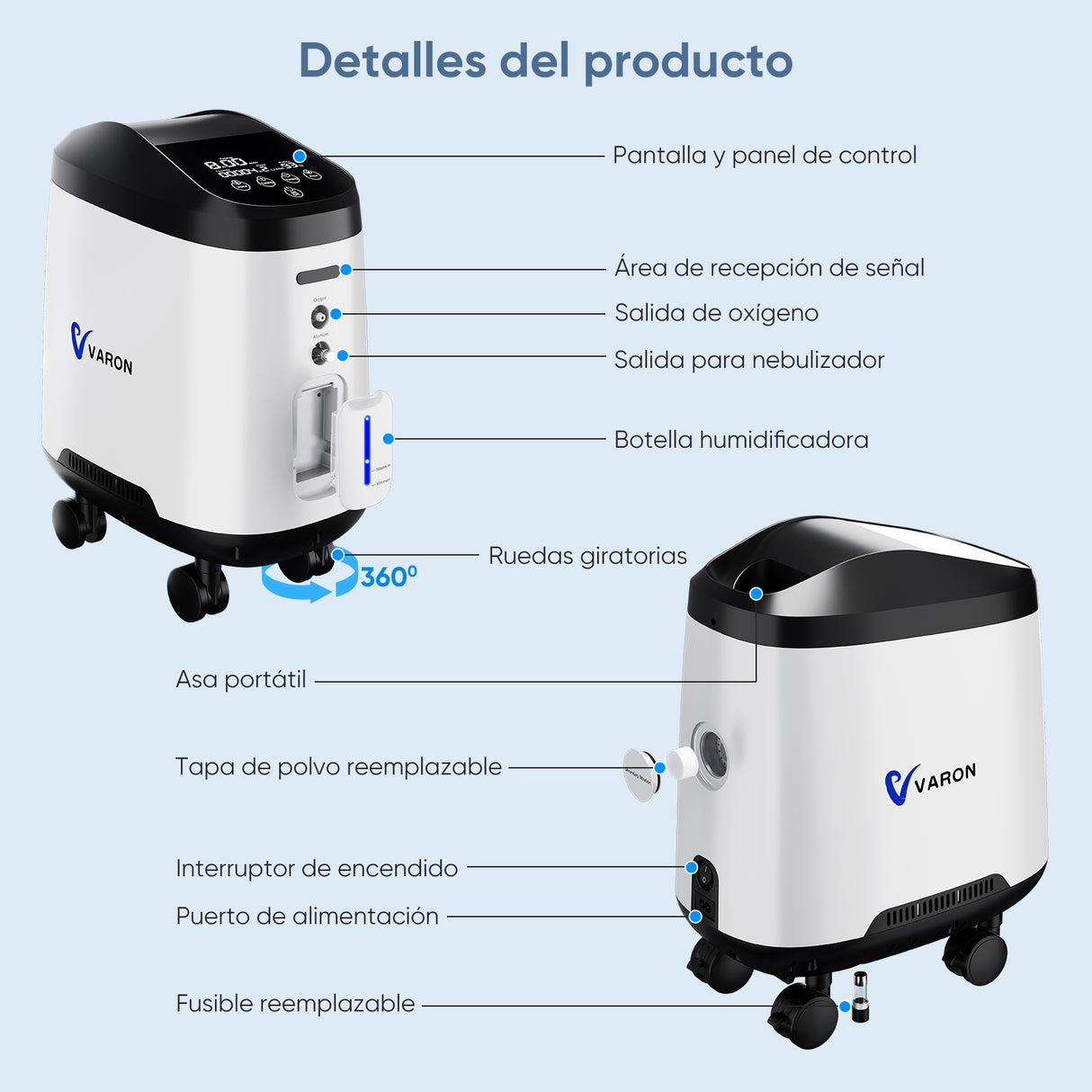 VARON VH-2 PRO | Concentrador de oxígeno doméstico de 1-9 niveles, funcionamiento 24 h