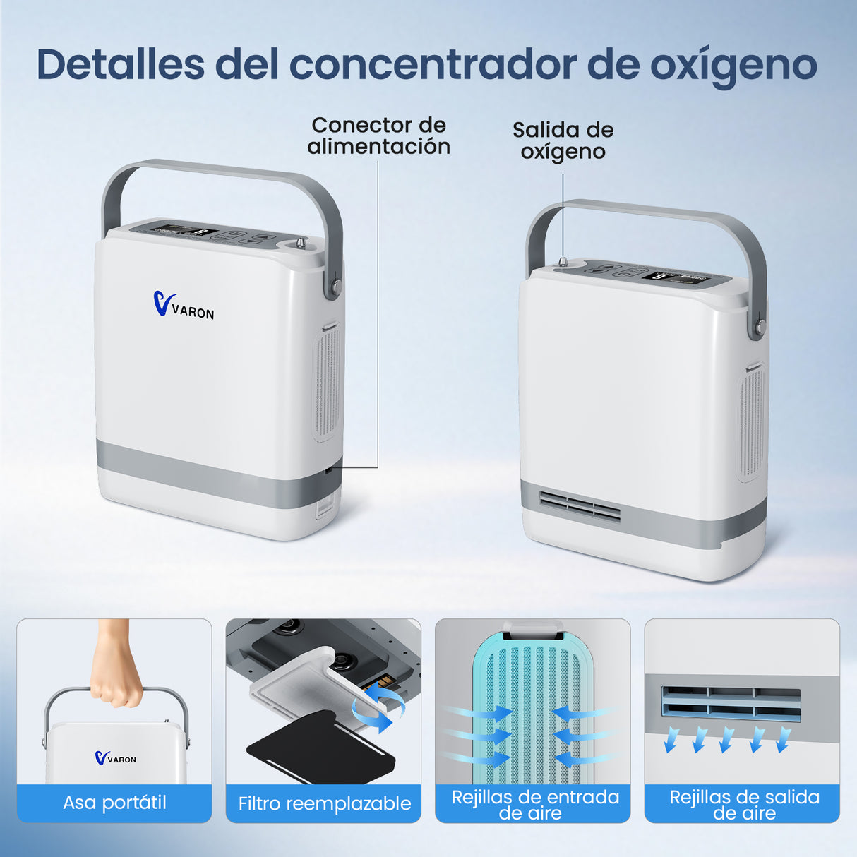 Concentrador de oxígeno portátil VP-8G con detalles de salida y conectores