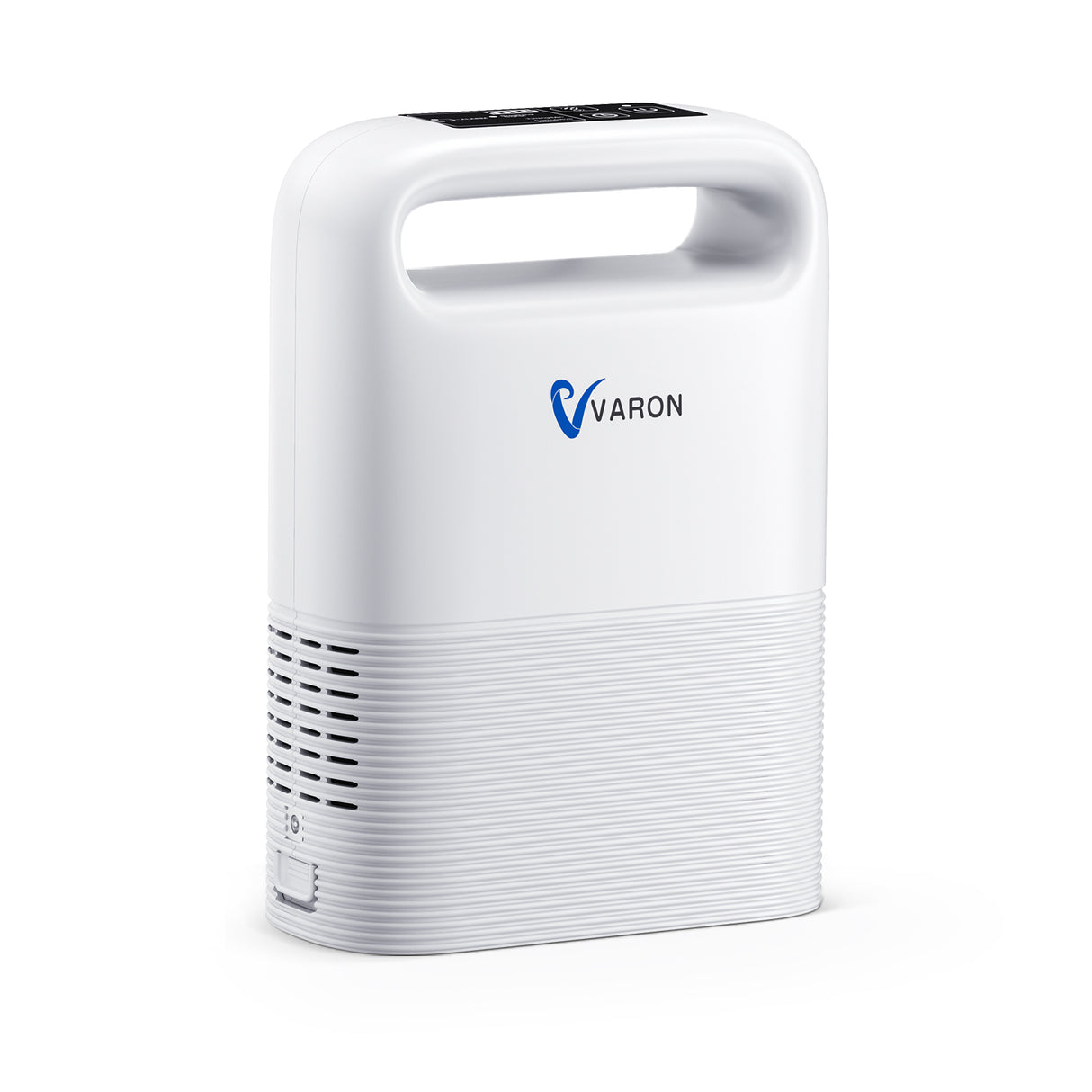 Vista lateral del concentrador de oxígeno portátil VARON VP-2 mostrando su diseño blanco compacto y robusto