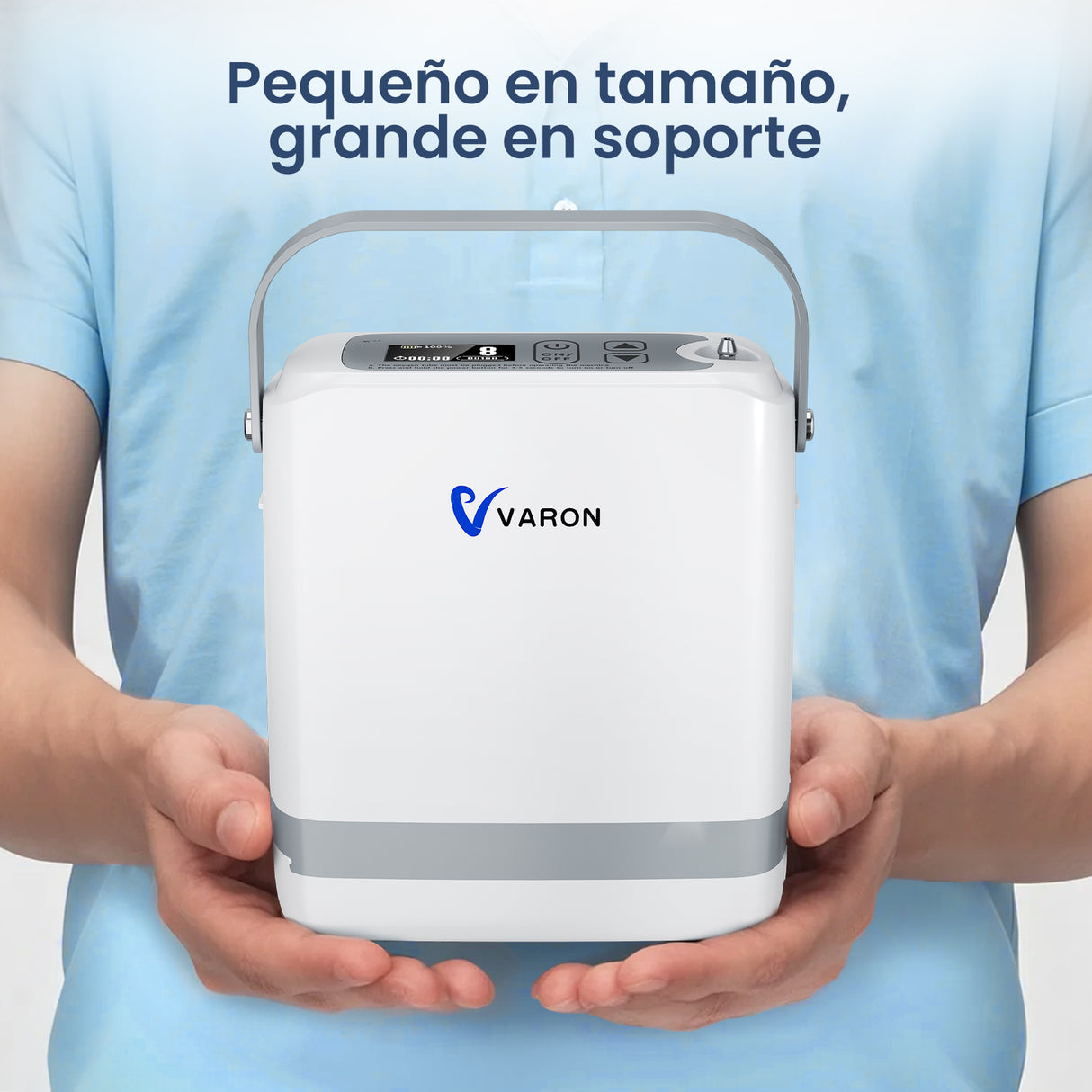 Hombre sosteniendo el concentrador de oxígeno portátil VP-8G ligero y ergonómico