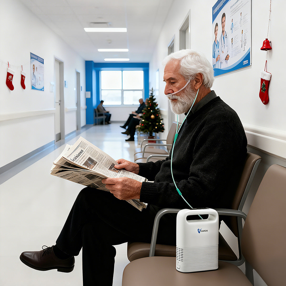 Hombre mayor leyendo el periódico en el hospital mientras usa el concentrador de oxígeno portátil VARON VP-2