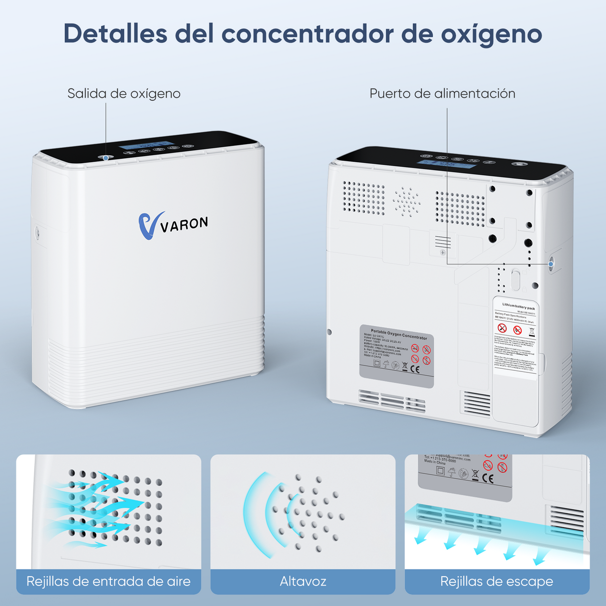Detalles del concentrador de oxígeno portátil VARON VP-6: salida de aire, puerto de carga y rejillas de escape