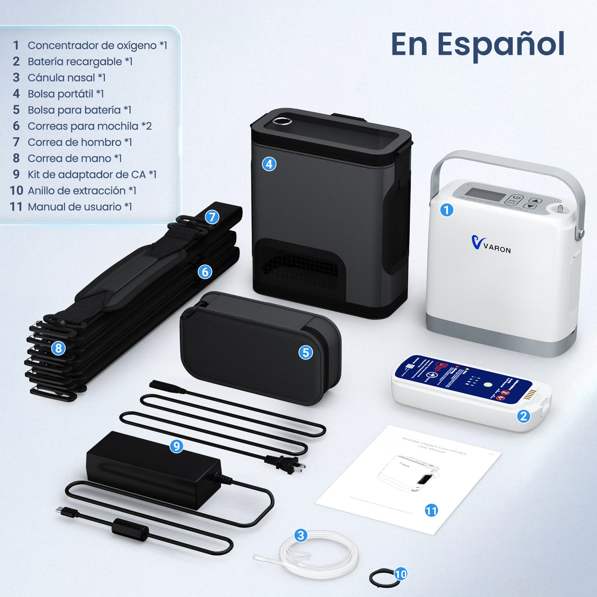 Accesorios incluidos en el paquete del concentrador de oxígeno portátil VP-8G