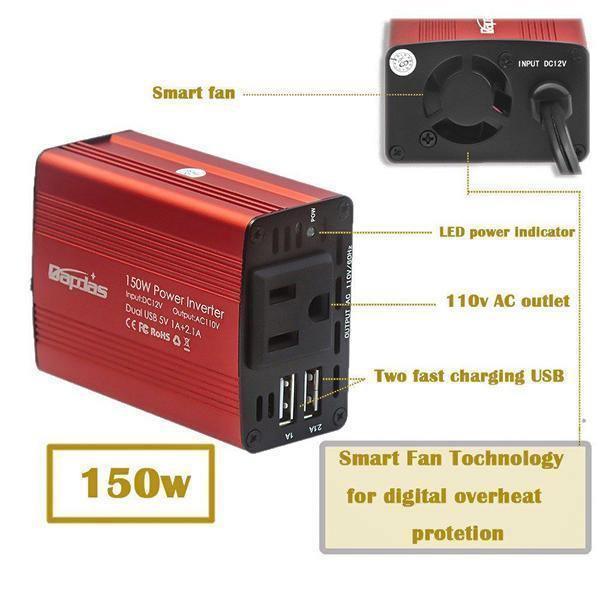 Inversor de corriente para coche de 150 W con doble USB: convertidor de 12 V a 110 V/220 V