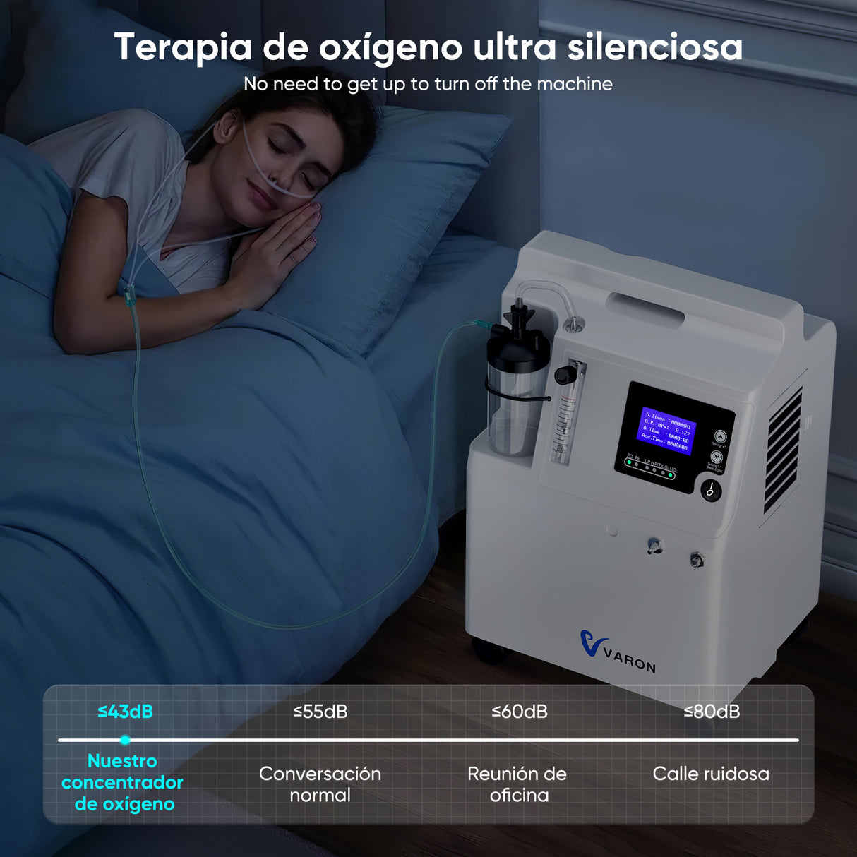 Dormir con el concentrador de oxígeno VARON Serene 5 para un apoyo respiratorio nocturno silencioso y continuo