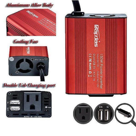Inversor de corriente para coche de 150 W con doble USB: convertidor de 12 V a 110 V/220 V