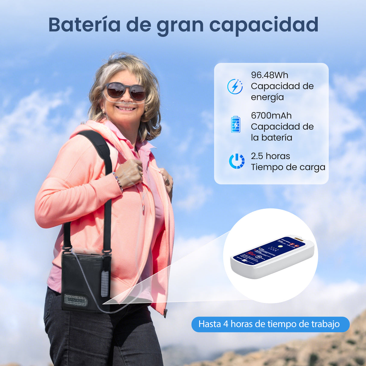 Concentrador de oxígeno portátil VP-8G con batería de 6700mAh y hasta 4 horas de autonomía.