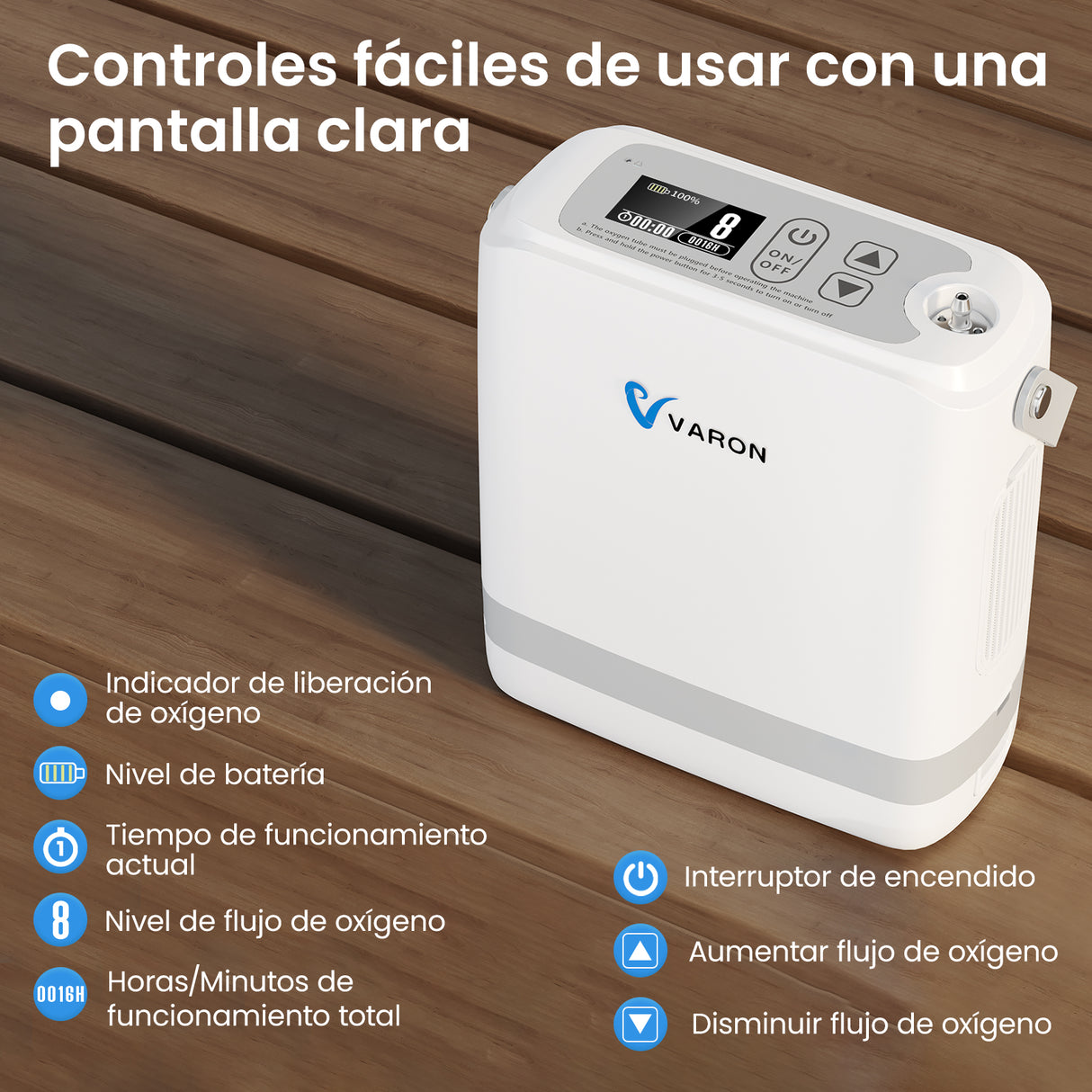Controles fáciles de usar y pantalla clara del concentrador de oxígeno portátil VP-8G