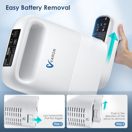 El concentrador de oxígeno Varon VP-2 consta de un cuerpo ligero y compacto de 2,2 kg equipado con una batería reemplazable de alta capacidad.