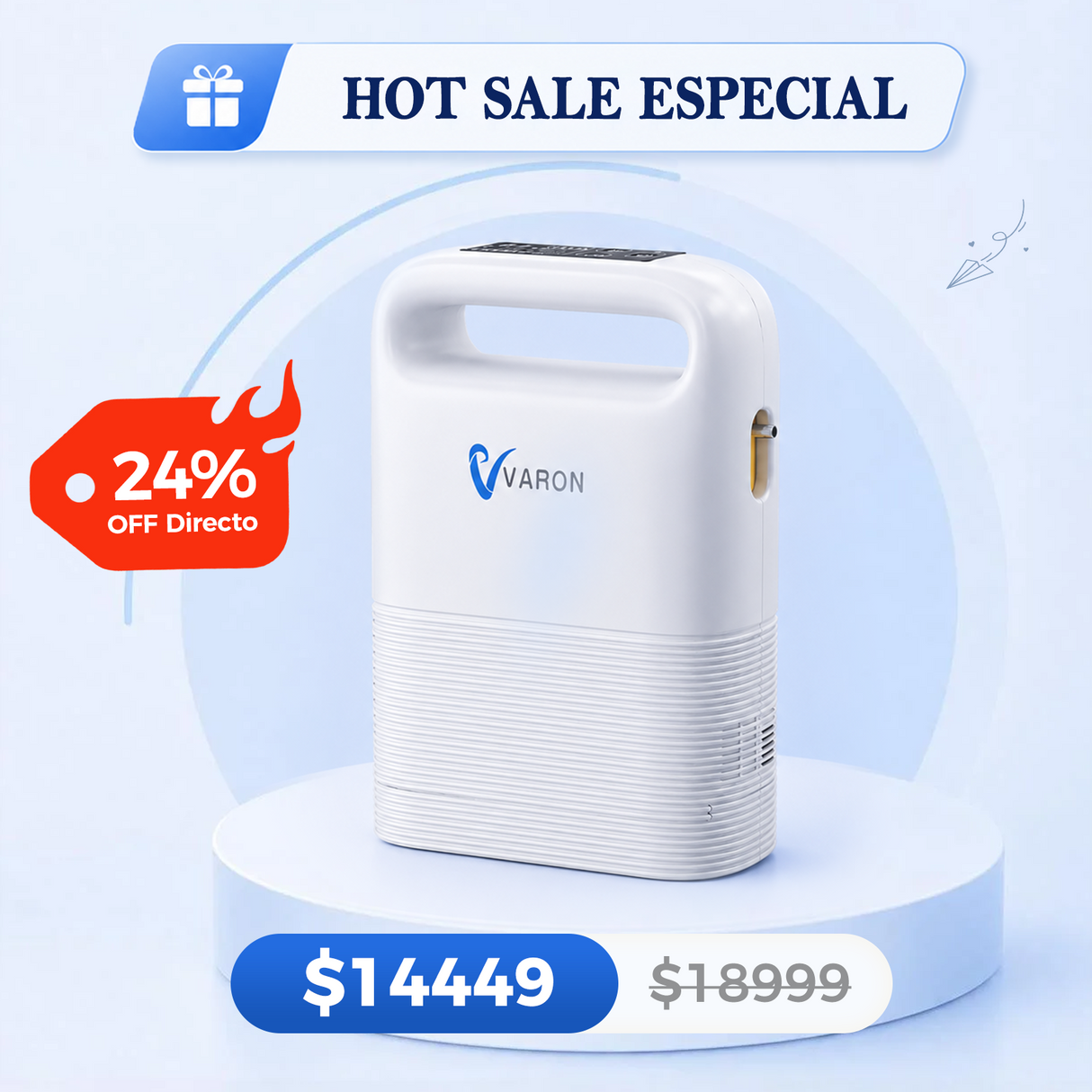 Concentrador de oxígeno portátil VARON VP-2 Pulse | 93 % de oxígeno, batería de larga duración