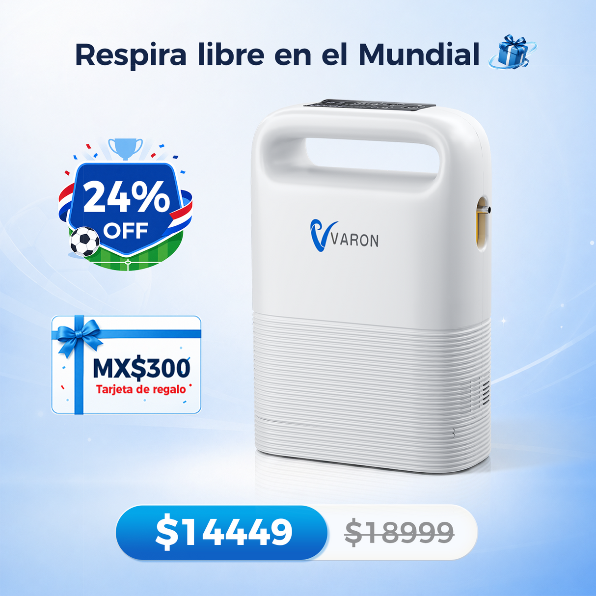 Concentrador de oxígeno portátil VARON VP-2 Pulse | 93 % de oxígeno, batería de larga duración