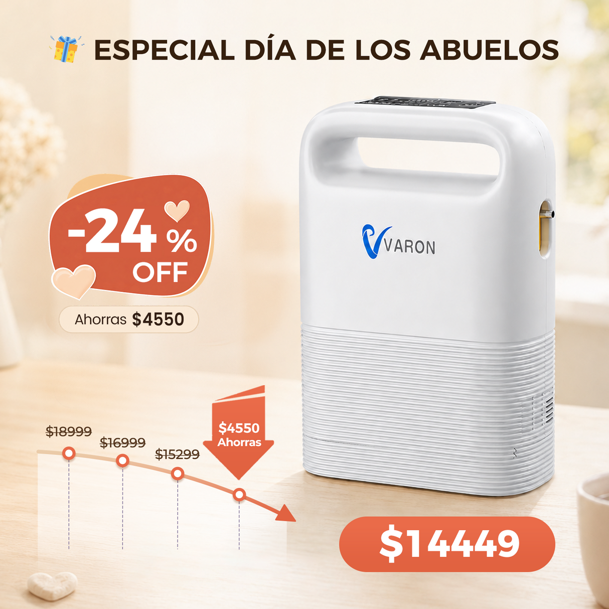 Concentrador de oxígeno portátil VARON VP-2 Pulse | 93 % de oxígeno, batería de larga duración