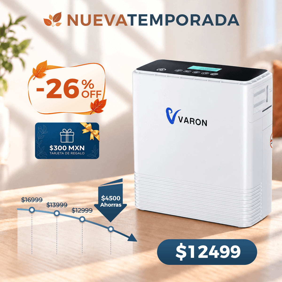 Concentrador de oxígeno portátil continuo VARON VP-6 | Caudal de 1-6 niveles (ajustable)
