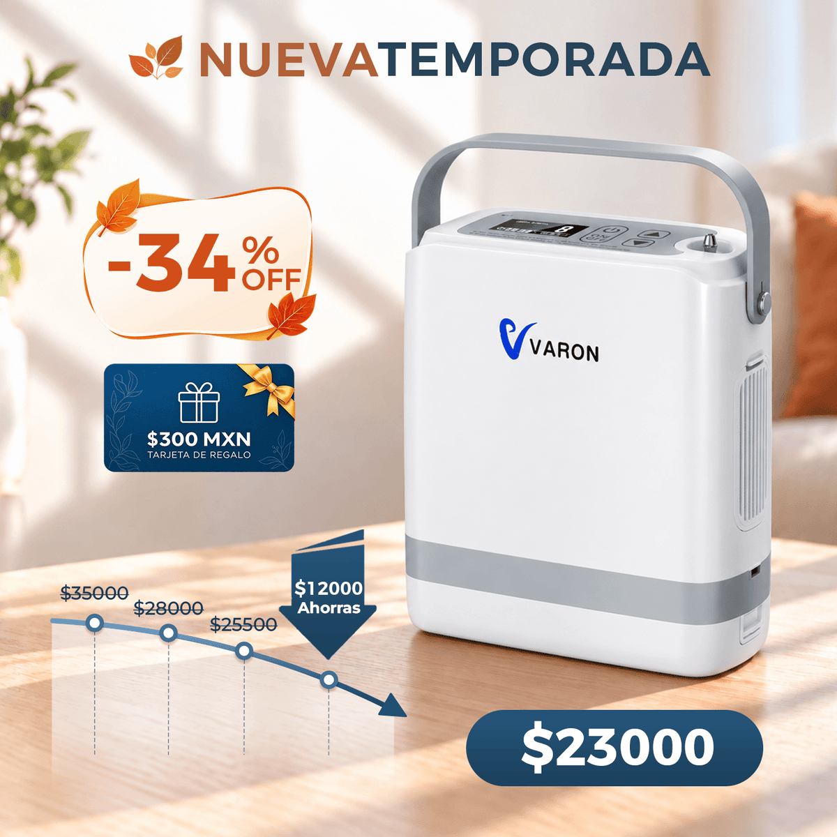 Nuevo VARON VP-8G | Concentrador de oxígeno portátil de flujo pulsátil (1–8 niveles)