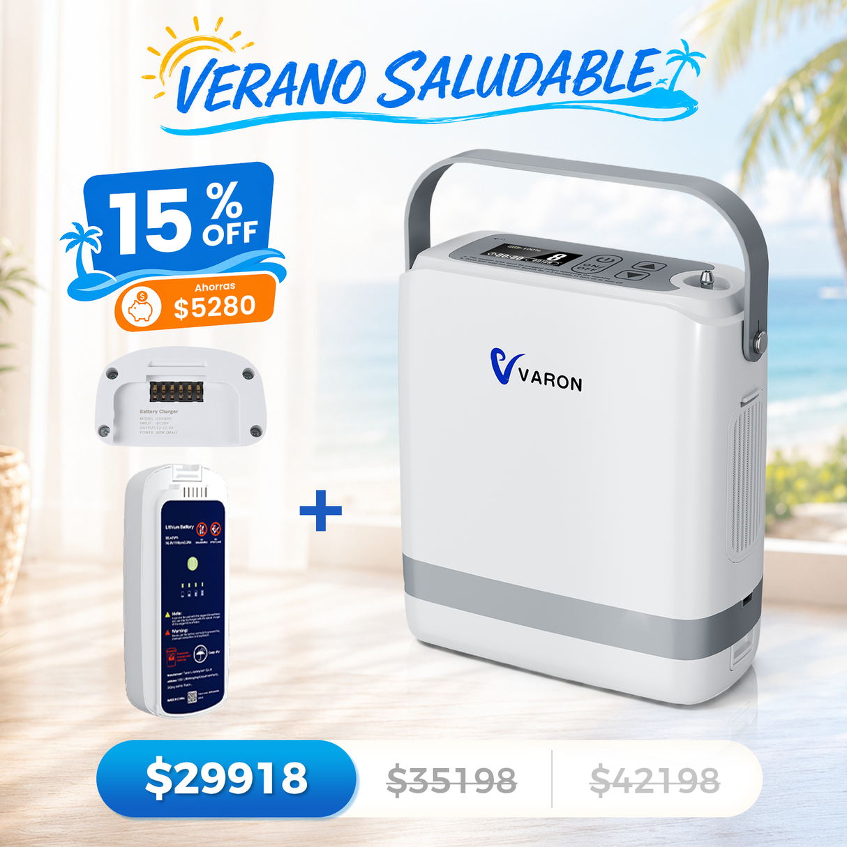 Nuevo VARON VP-8G | Concentrador de oxígeno portátil de flujo pulsátil (1–8 niveles)