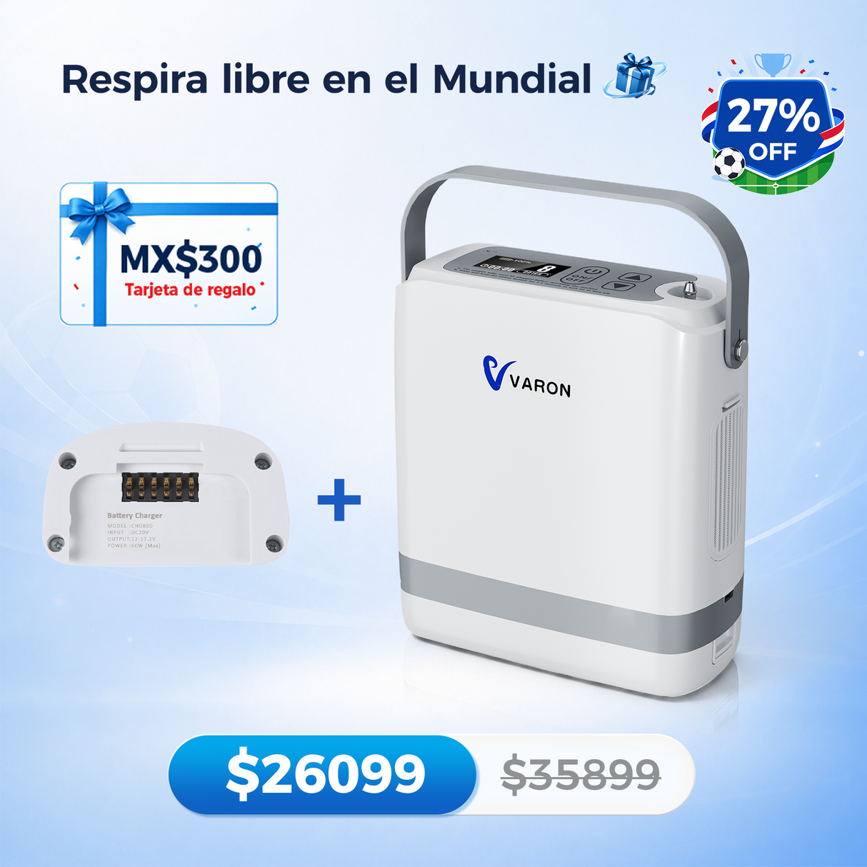 Nuevo VARON VP-8G | Concentrador de oxígeno portátil de flujo pulsátil (1–8 niveles)