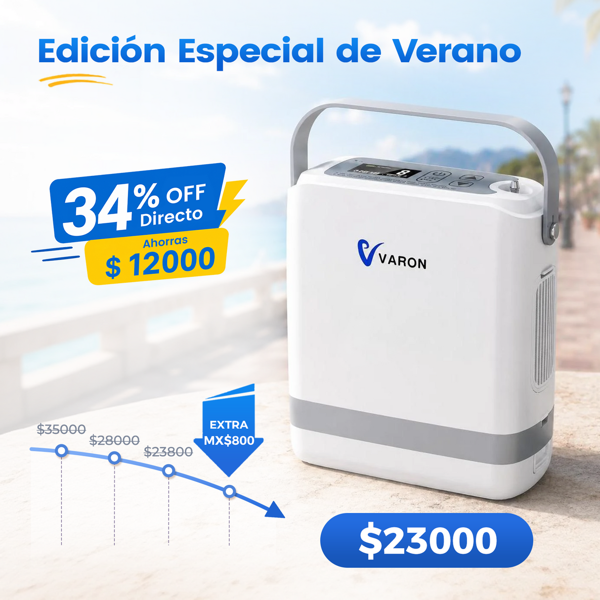 Nuevo VARON VP-8G | Concentrador de oxígeno portátil de flujo pulsátil (1–8 niveles)