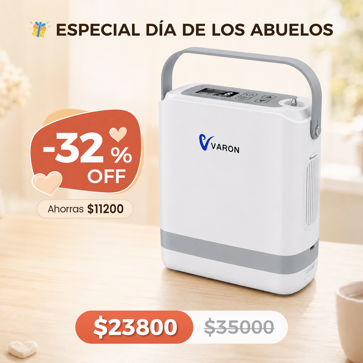 Nuevo VARON VP-8G | Concentrador de oxígeno portátil de flujo pulsátil (1–8 niveles)