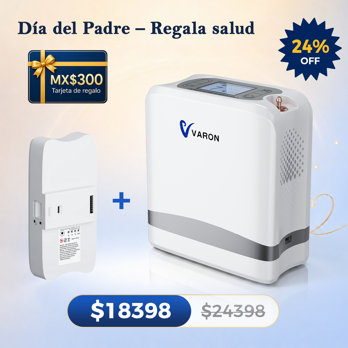 VARON VP-8 Lite | Concentrador de oxígeno de flujo pulsado ligero de 2 kg (7 niveles de flujo)
