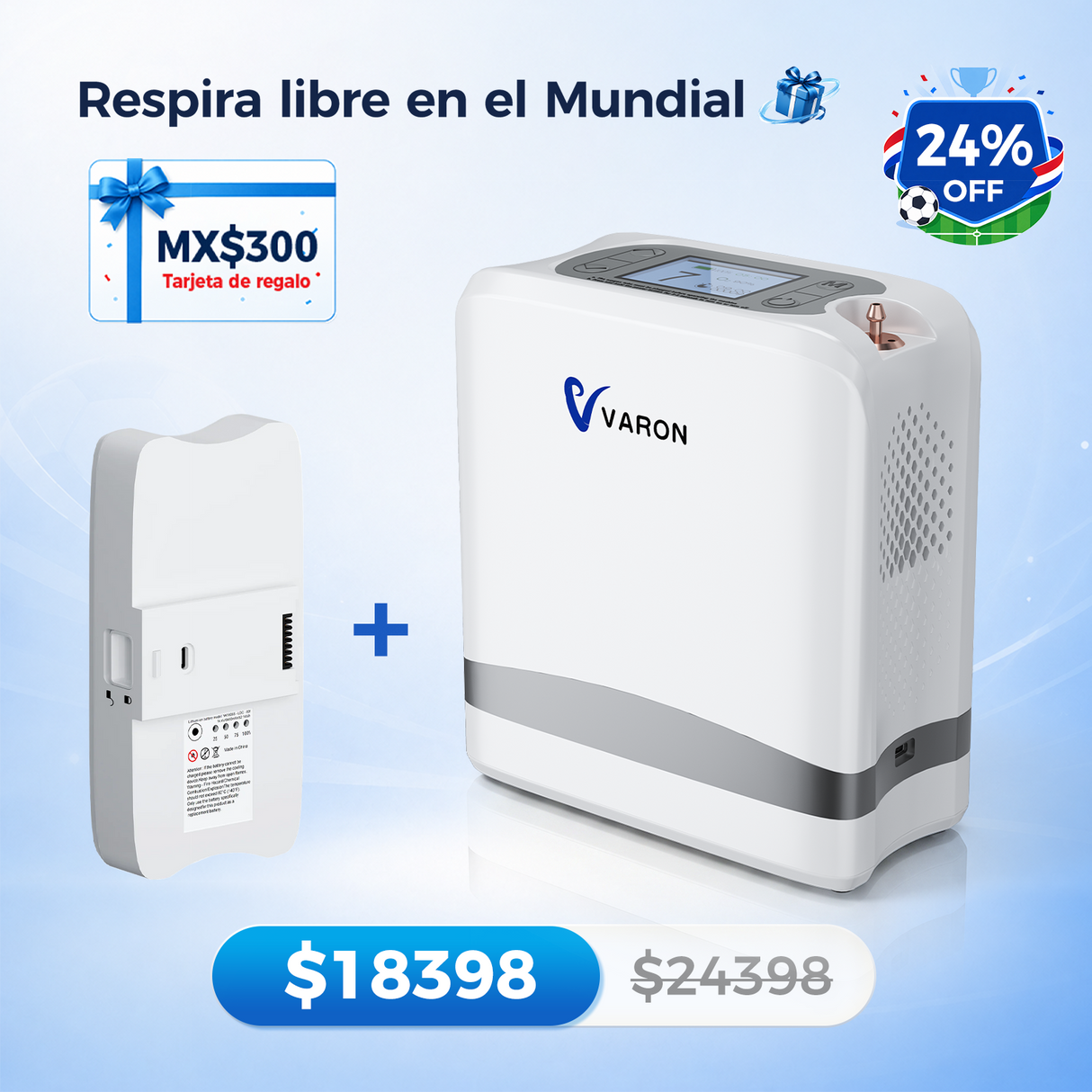VARON VP-8 Lite | Concentrador de oxígeno de flujo pulsado ligero de 2 kg (7 niveles de flujo)
