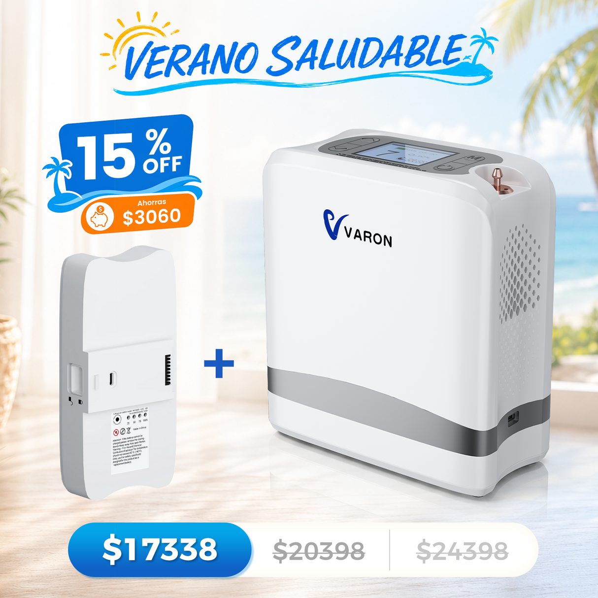 VARON VP-8 Lite | Concentrador de oxígeno de flujo pulsado ligero de 2 kg (7 niveles de flujo)