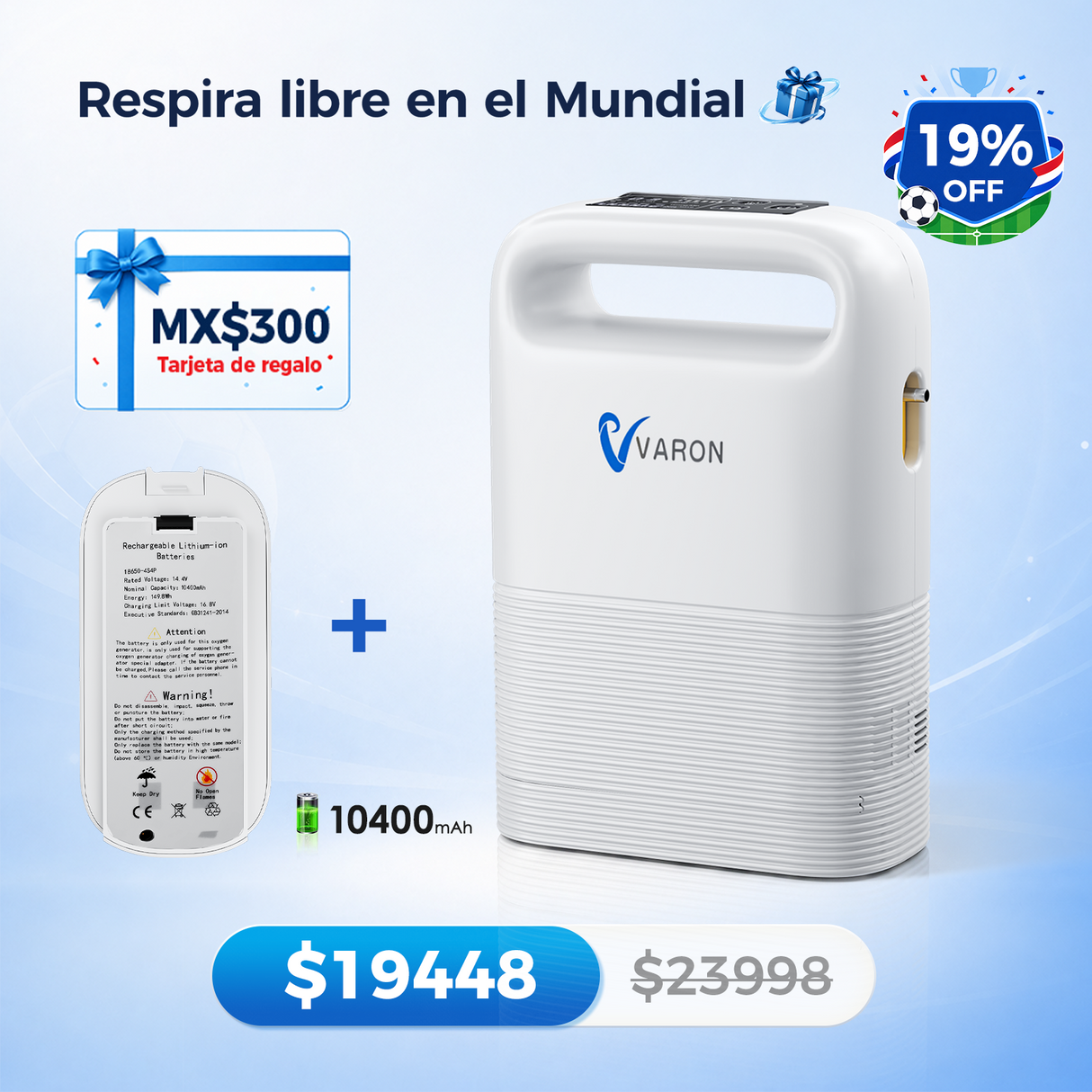 Concentrador de oxígeno portátil VARON VP-2 Pulse | 93 % de oxígeno, batería de larga duración