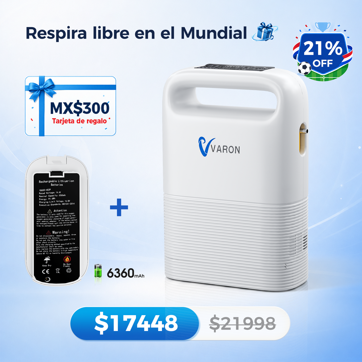Concentrador de oxígeno portátil VARON VP-2 Pulse | 93 % de oxígeno, batería de larga duración