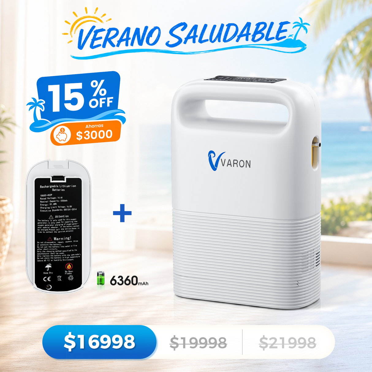 Concentrador de oxígeno portátil VARON VP-2 Pulse | 93 % de oxígeno, batería de larga duración