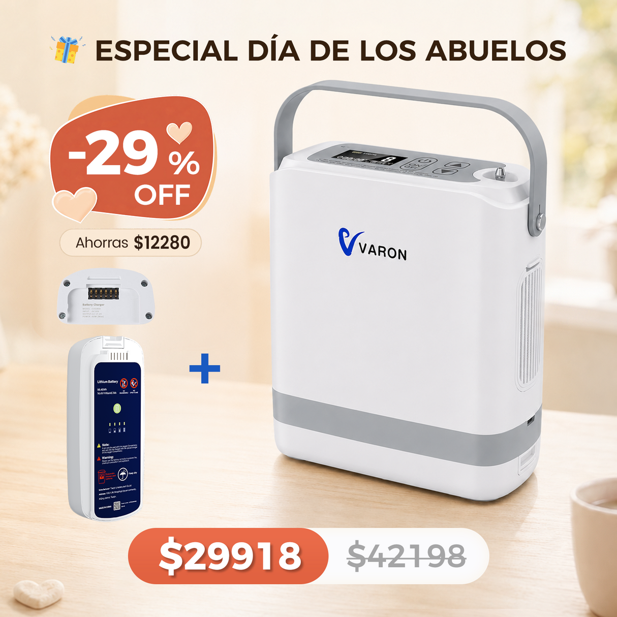 Nuevo VARON VP-8G | Concentrador de oxígeno portátil de flujo pulsátil (1–8 niveles)