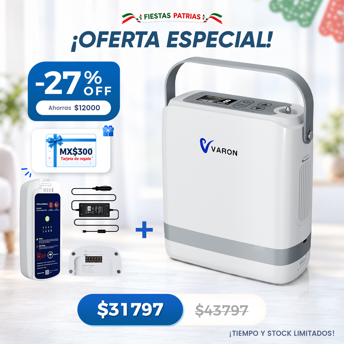 Nuevo VARON VP-8G | Concentrador de oxígeno portátil de flujo pulsátil (1–8 niveles)