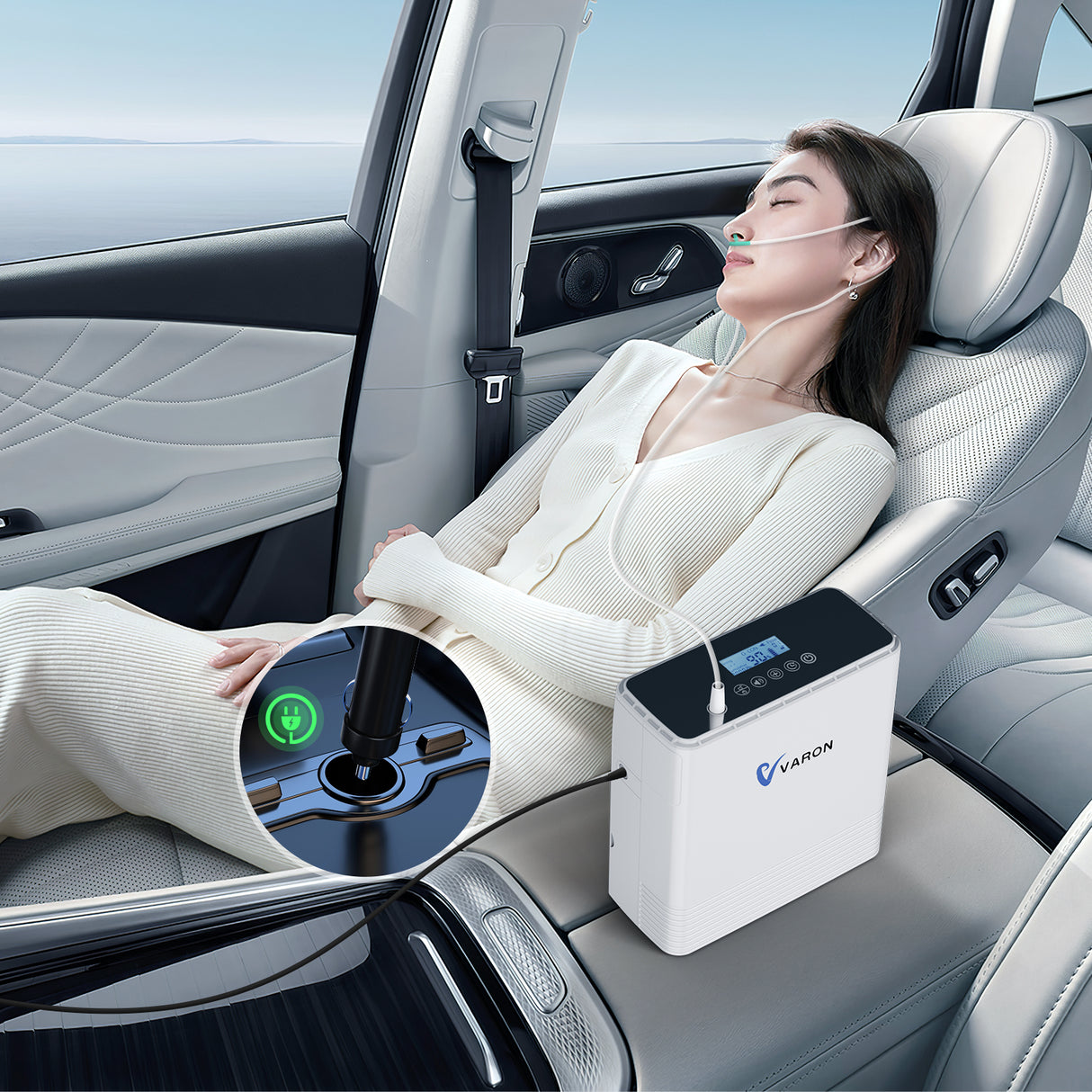 Concentrador de oxígeno portátil de flujo continuo VARON VP-6, cargador para coche