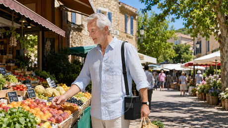 Hombre mayor eligiendo frutas en el mercado mientras usa un concentrador de oxígeno portátil durante su rutina diaria