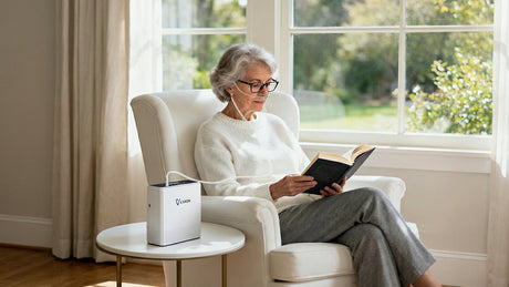 Mujer mayor leyendo mientras usa un concentrador de oxígeno VARON VP-6 en modo de flujo continuo