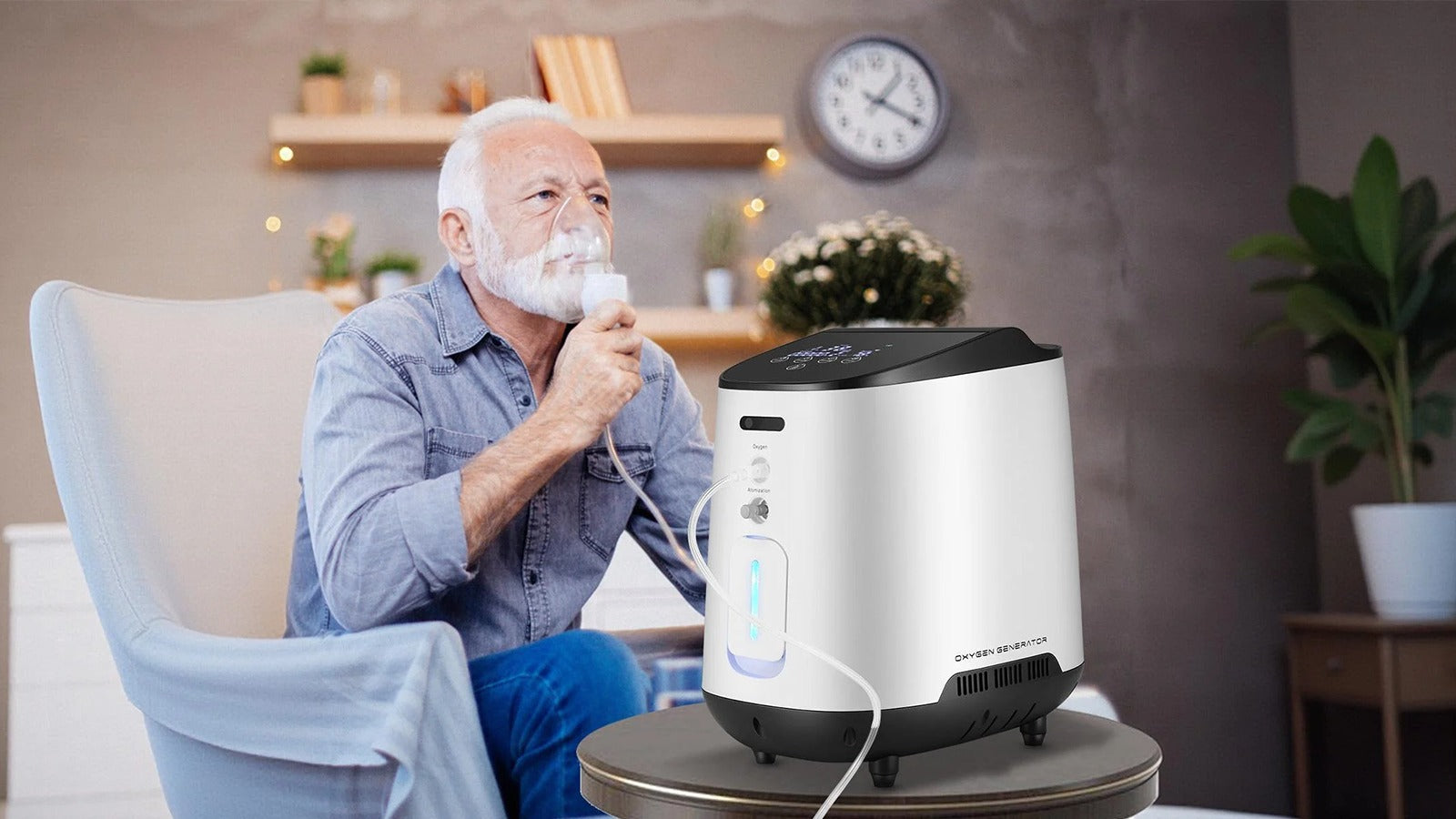 Hombre usando concentrador de oxígeno VARON VH-2 con filtros limpios tras mantenimiento del equipo