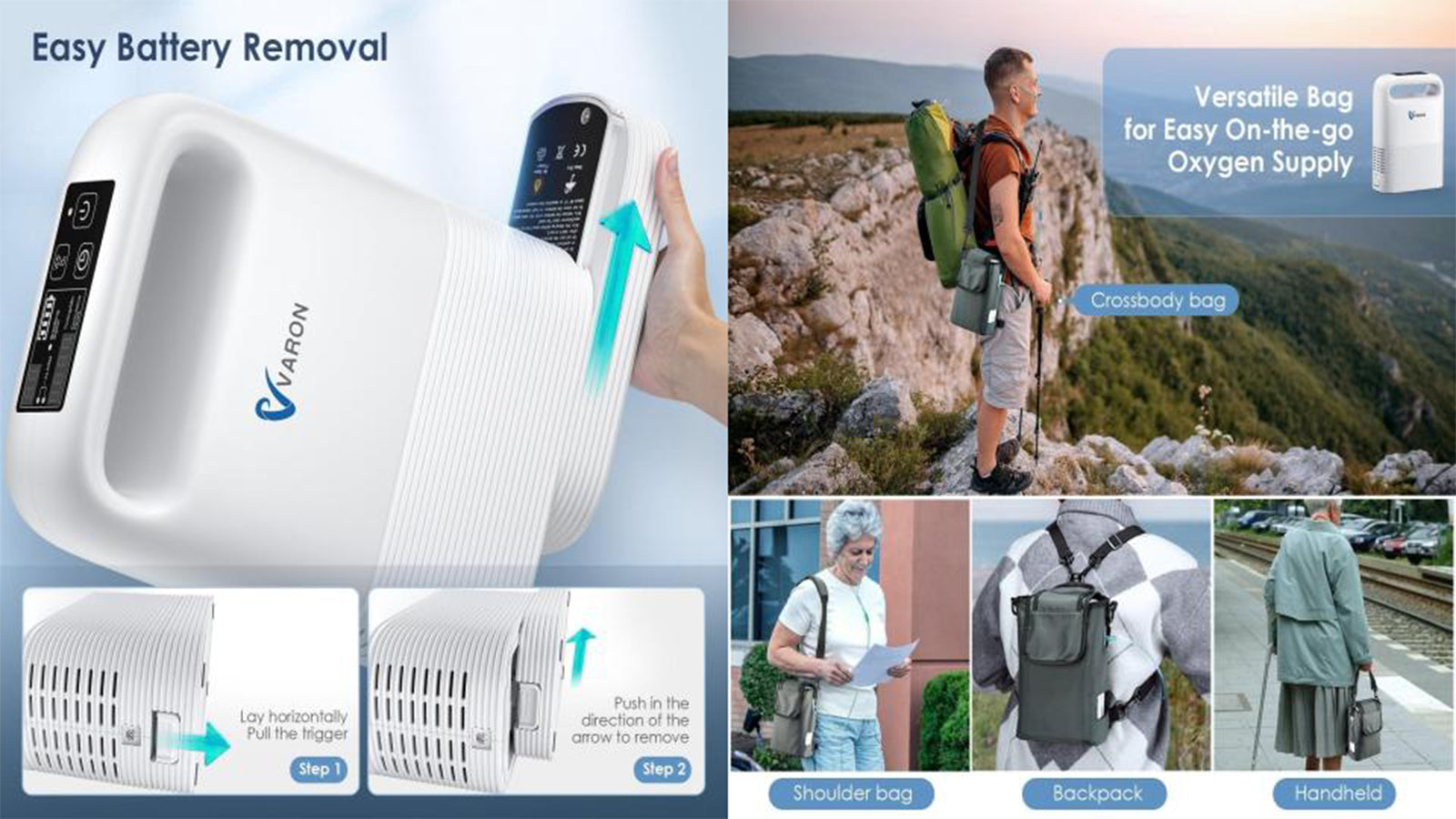 Concentrador de oxígeno portátil VARON VP-2 con batería removible y opciones de transporte