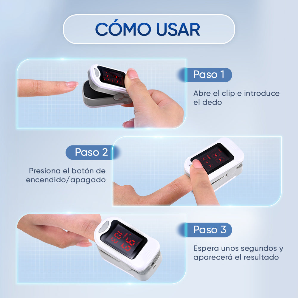 El uso del oxímetro de pulso Varon requiere solo 3 pasos