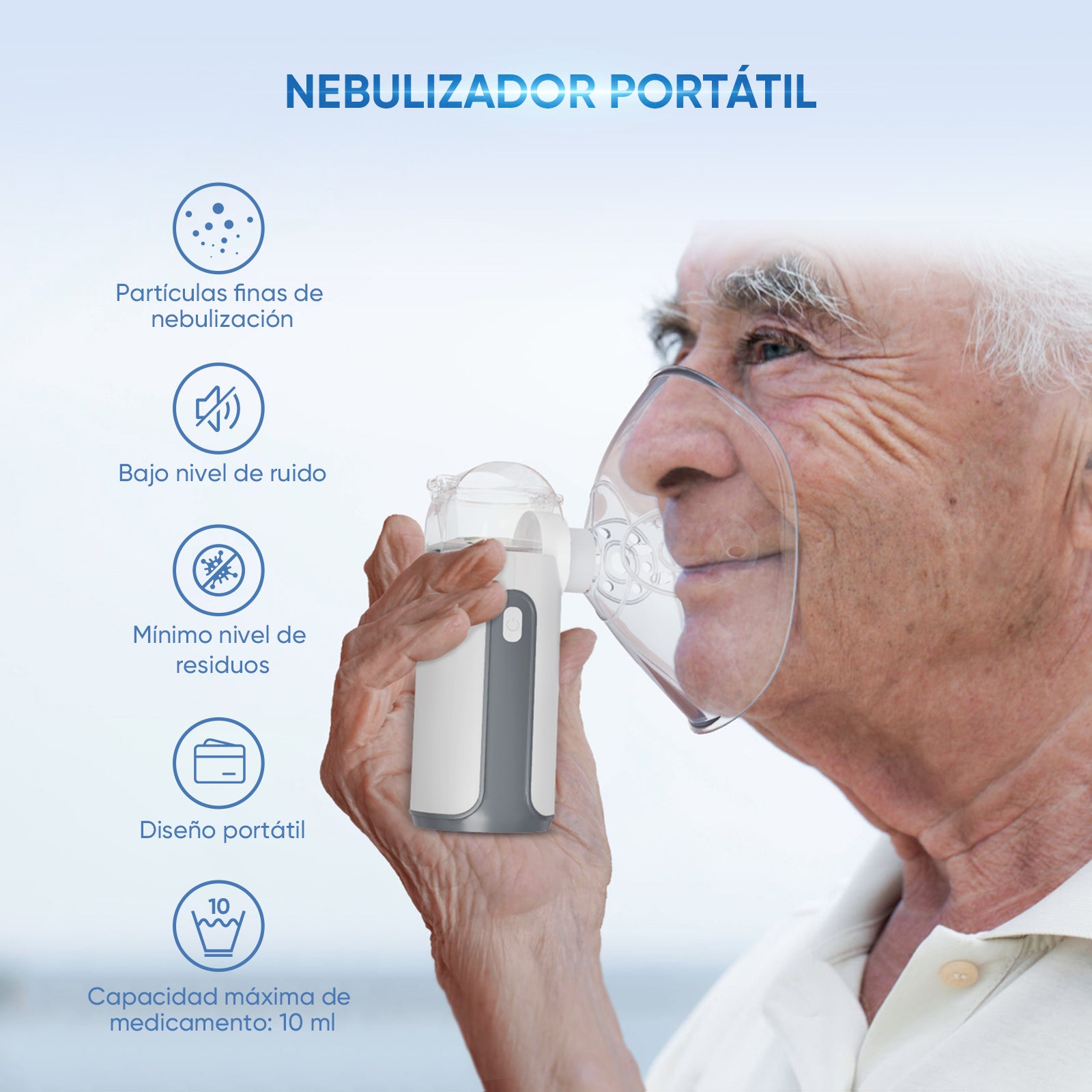 El nebulizador portátil VARON MY-132B tiene una tasa de nebulización de ≥0,2 ml/min y partículas finas ≤5 um, que pueden ser fácilmente absorbidas por los pulmones.