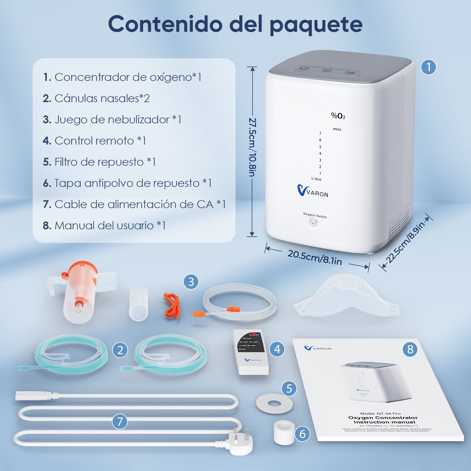 Contenido del paquete del concentrador de oxígeno doméstico VARON VH-3: cánulas, filtros y manual