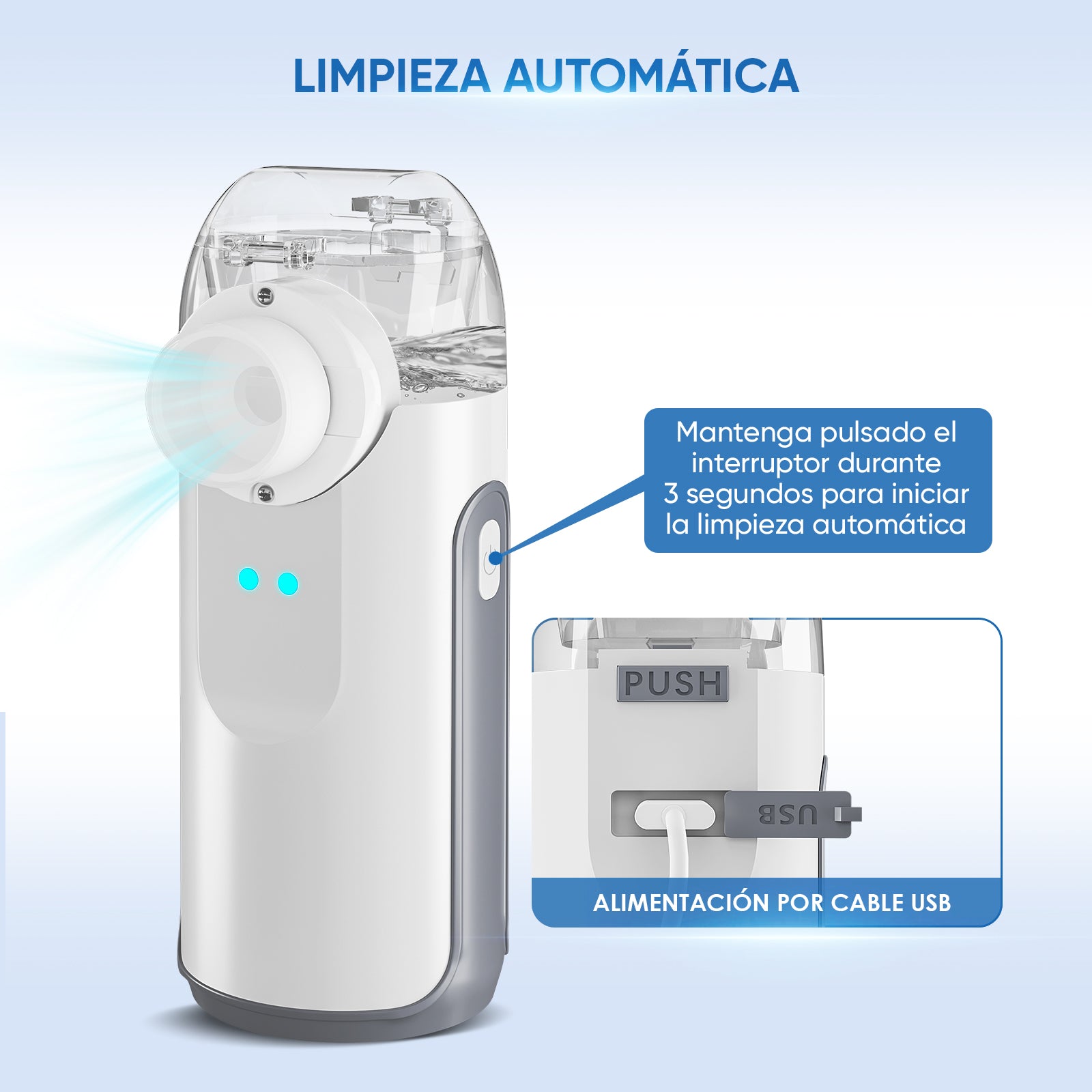 El atomizador portátil VARON MY-132B tiene tres modos para elegir: modo adulto, modo niño y modo autolimpieza.