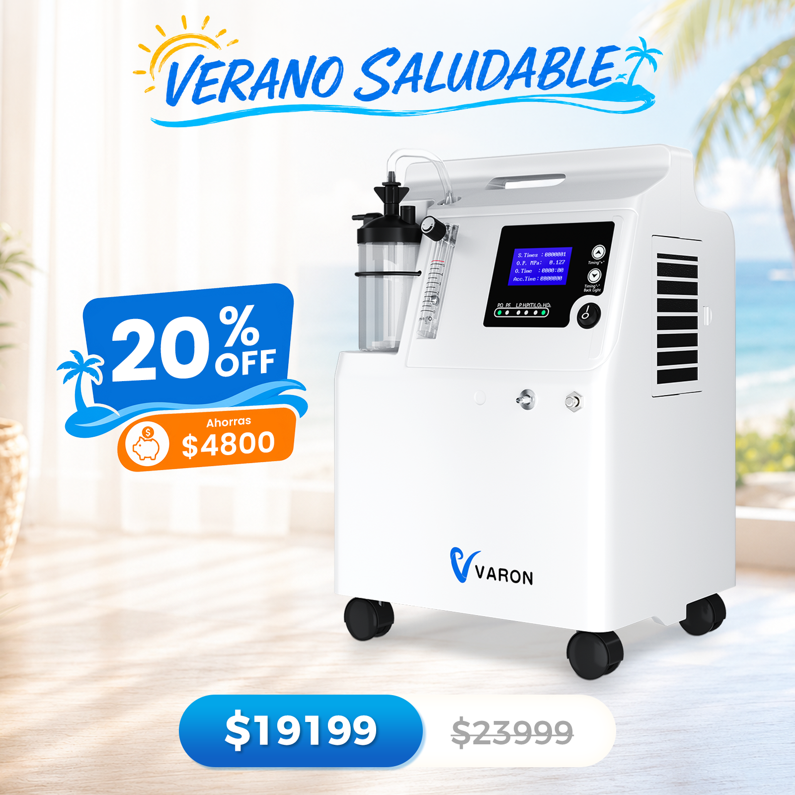 Preventa | Concentrador de oxígeno VARON Serene de 5 Litros | Funcionamiento 72 h. Aprobado por la FDA y la CE