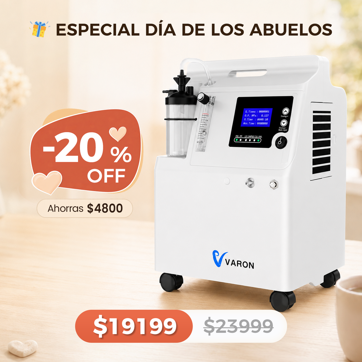 Preventa | Concentrador de oxígeno VARON Serene de 5 Litros | Funcionamiento 72 h. Aprobado por la FDA y la CE