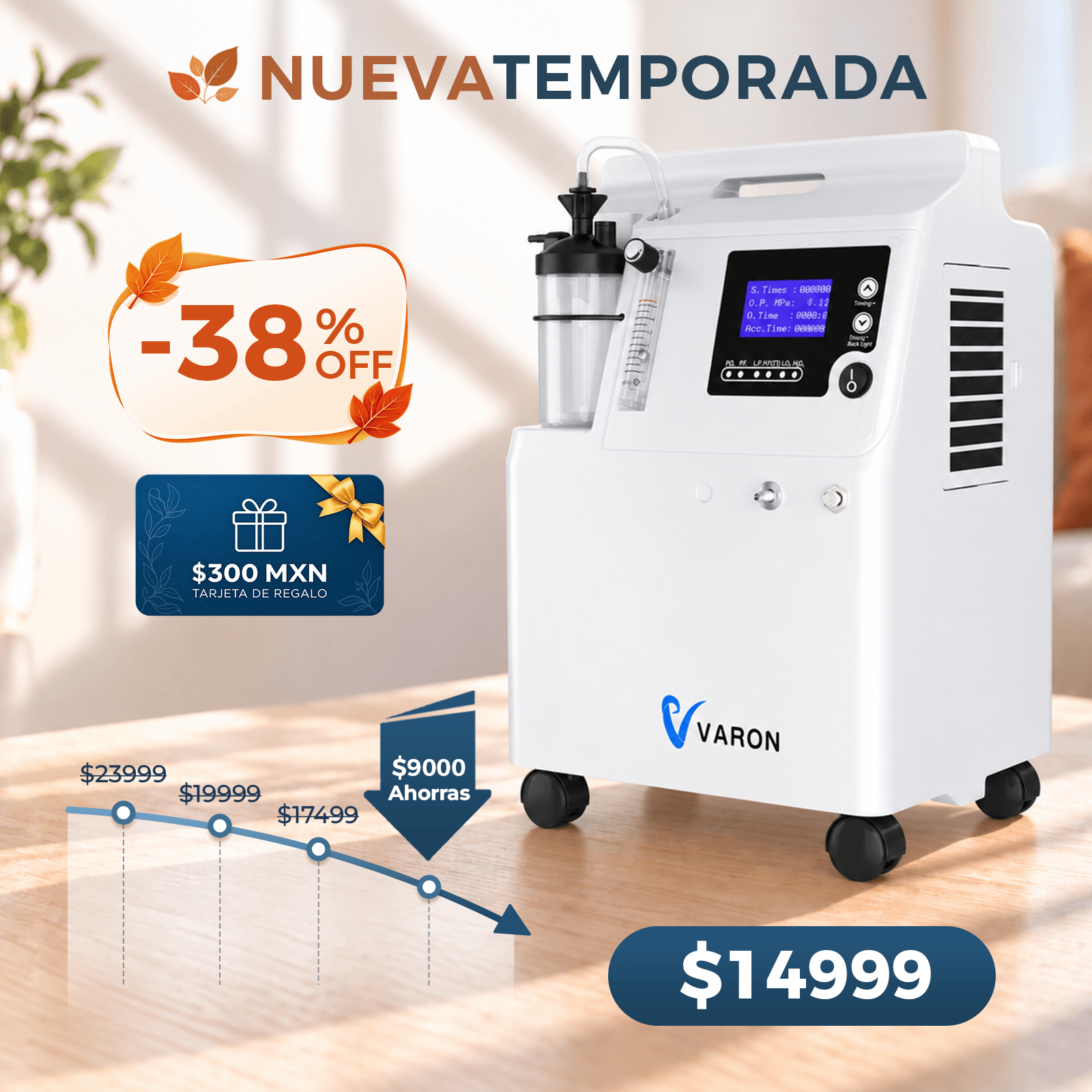 VARON SERENE 5 | Certificación FDA y CE | Concentrador de oxígeno médico | 0,5–5 L/min | Funcionamiento 7×24 h