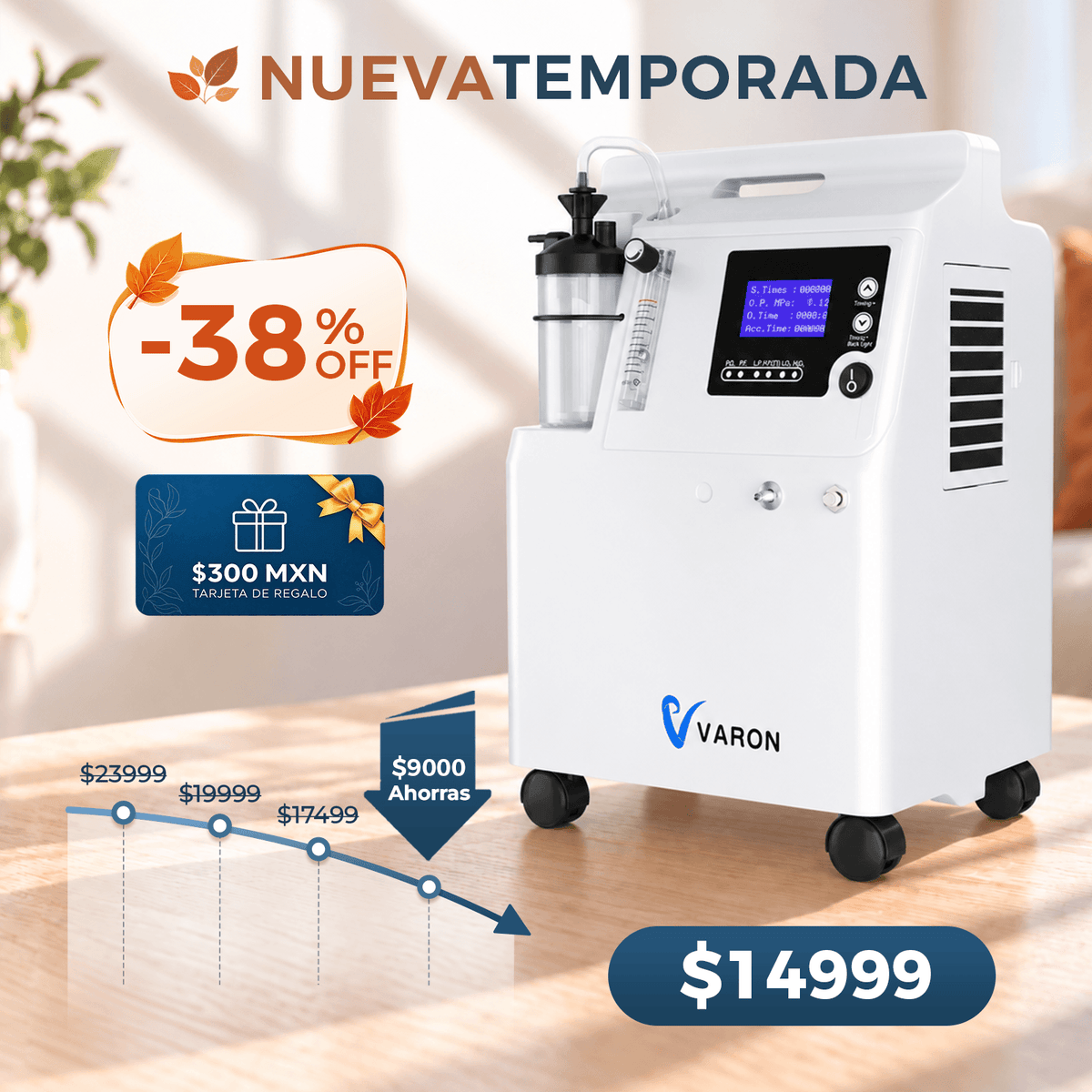 VARON SERENE 5 | Certificación FDA y CE | Concentrador de oxígeno médico | 0,5–5 L/min | Funcionamiento 7×24 h