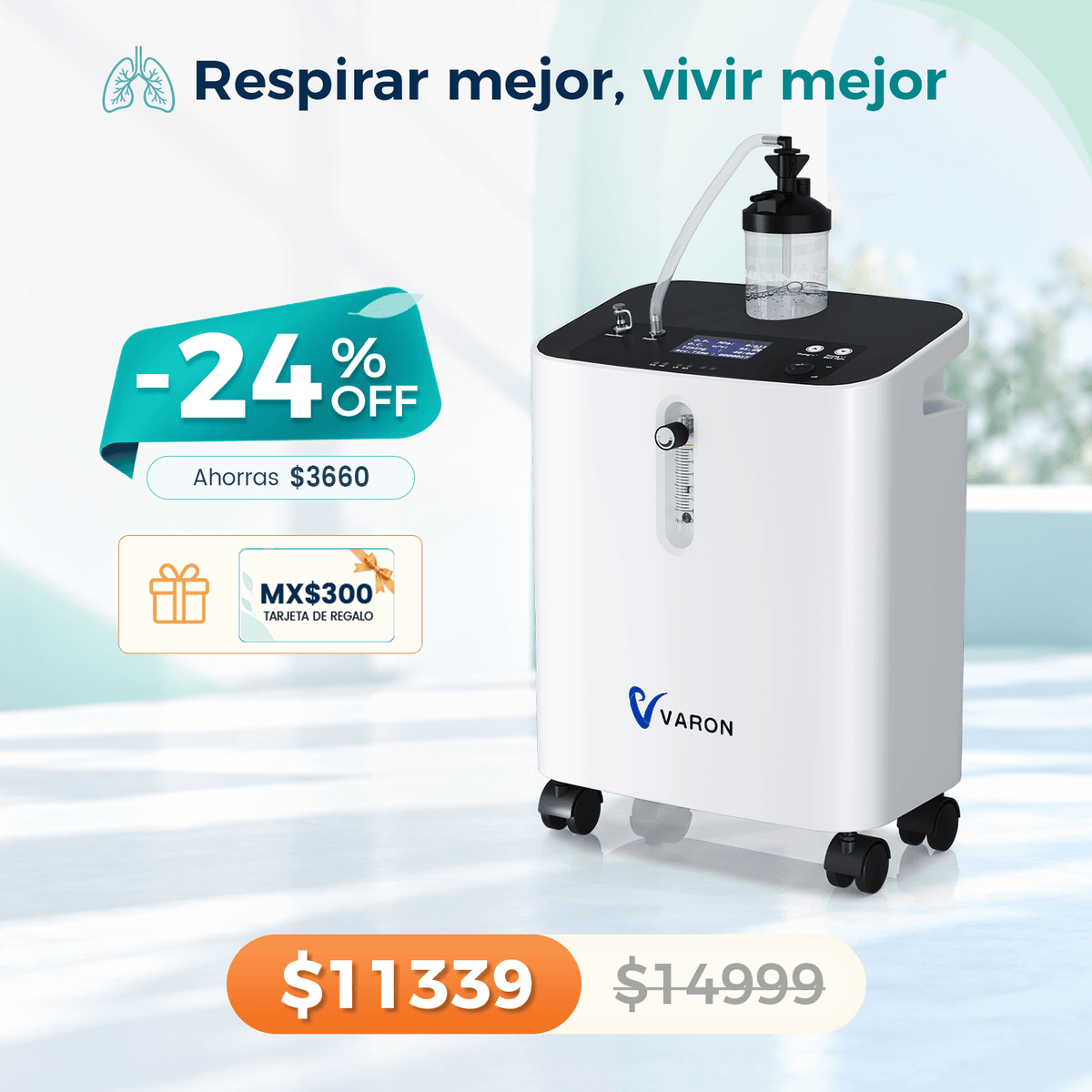 VARON VH-3 PRO | Concentrador de oxígeno para casa, flujo continuo (1-10 L/min)