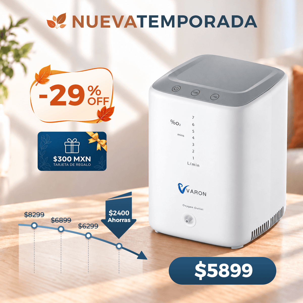 Concentrador de oxígeno doméstico VARON VH-3 | Terapia cómoda de  1-7 niveles (ajustable)