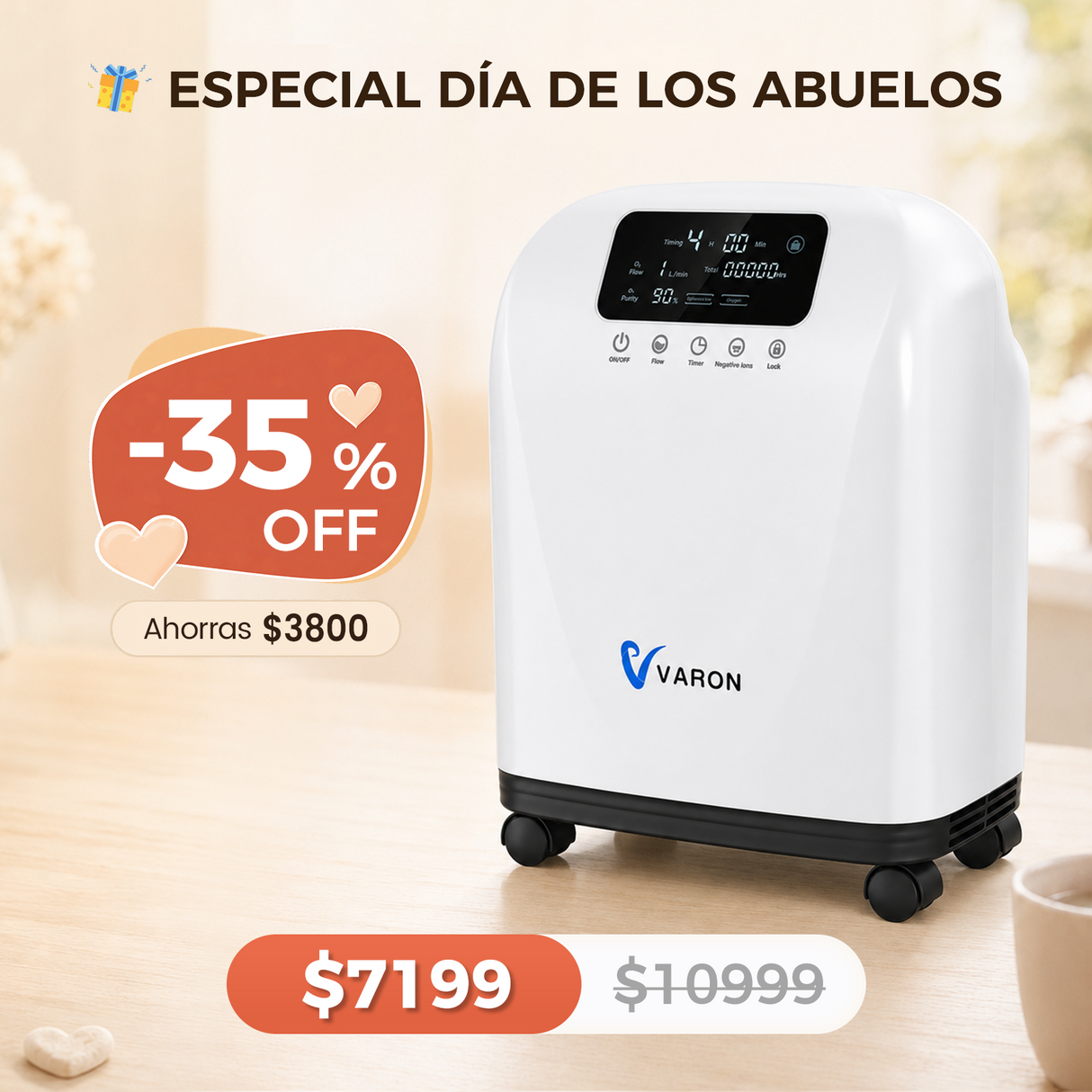 Concentrador de oxígeno doméstico VARON VH-4 | Terapia confortable de 1-9 niveles (ajustable)