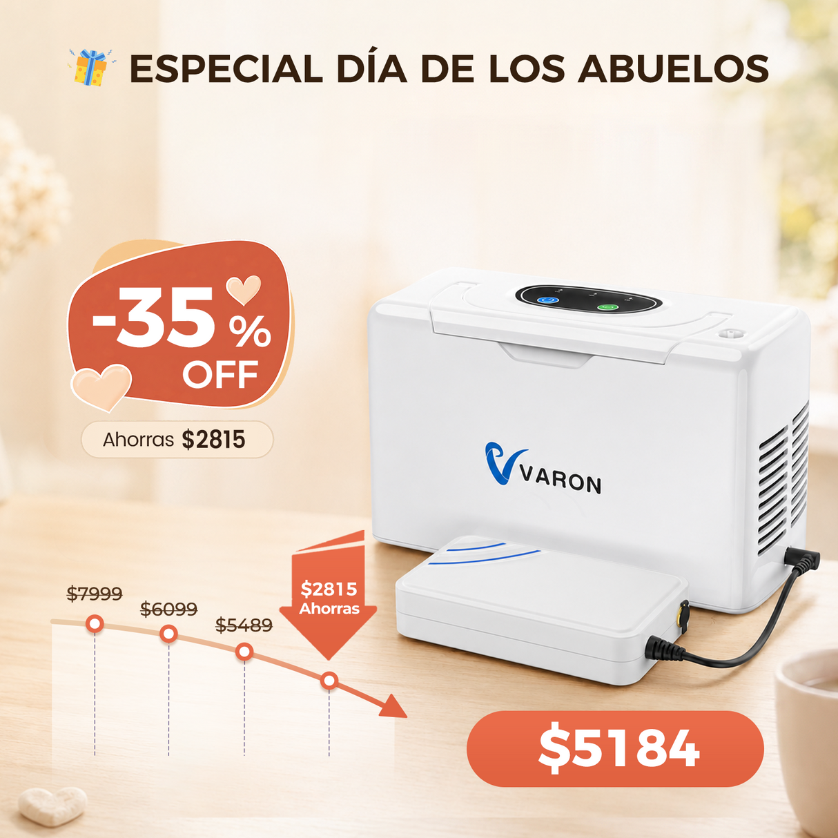 Concentrador de oxígeno portátil continuo VARON VL-2 Light de 3 l/min