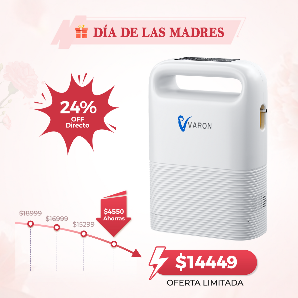 Concentrador de oxígeno portátil VARON VP-2 Pulse | 93 % de oxígeno, batería de larga duración