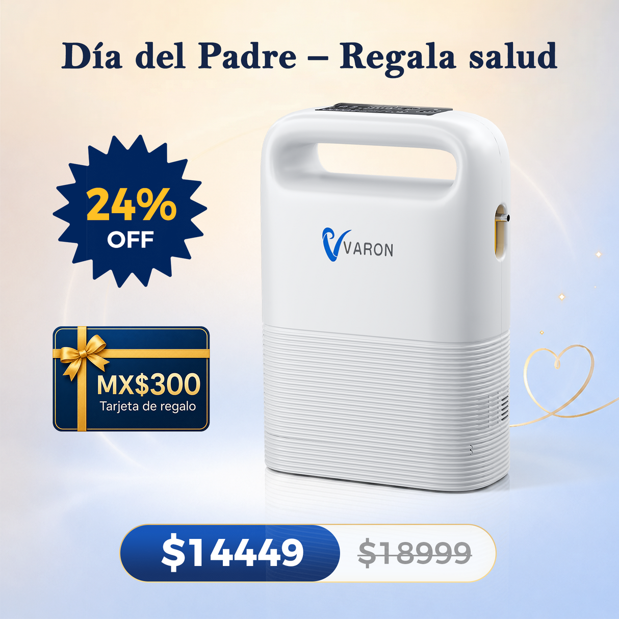 Concentrador de oxígeno portátil VARON VP-2 Pulse | 93 % de oxígeno, batería de larga duración